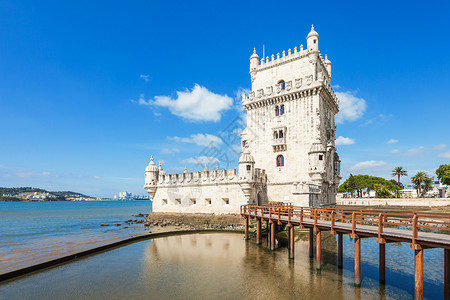 海城堡地方贝伦塔个强化塔,位于葡萄牙里斯本圣玛丽亚德贝伦的民间教区背景