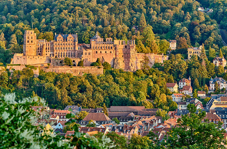 施洛斯海德堡镇与旧卡尔西奥多桥城堡纳卡尔河巴登符腾堡,德国背景