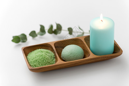 美容,水疗健康绿色浴盐,魔芋海绵蜡烛木托盘与桉树浴盐,魔芋海绵,蜡烛桉树图片