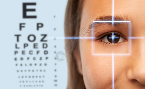 视力矫正,验光人的用激光眼睛测试图表背景上特写少女的脸女孩的脸与激光射线眼睛测试图表背景图片