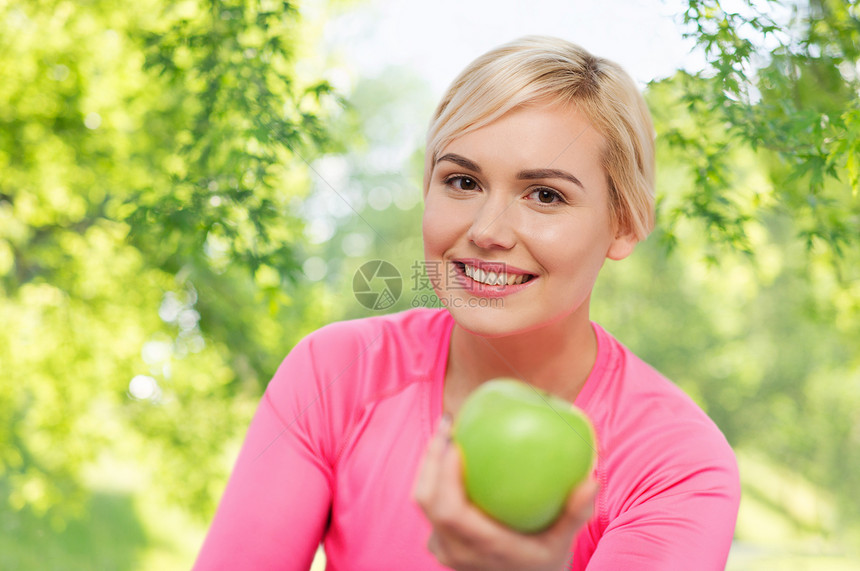 健康的饮食,食物,饮食人的快乐的微笑女人与绿色苹果自然背景带着绿苹果的快乐女人图片