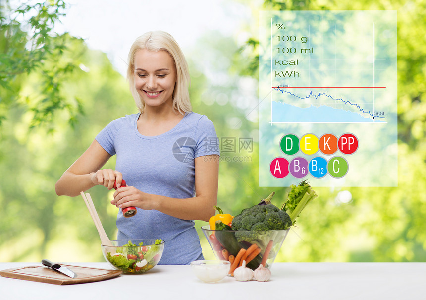 健康的饮食,饮食人的快乐的微笑年轻妇女烹饪蔬菜沙拉与卡路里,维生素食物营养价值的绿色自然背景微笑的女人烹饪蔬菜沙拉图片