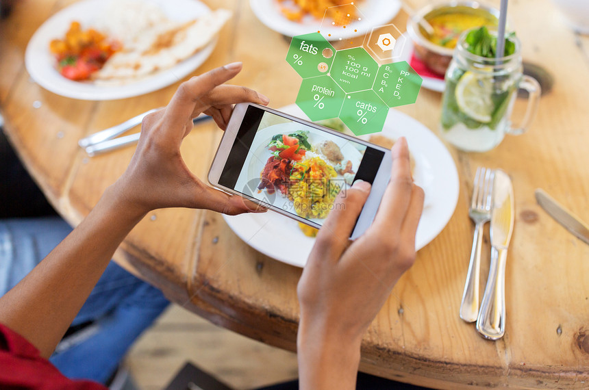 技术,饮食人的手与智能手机拍摄食物餐厅超过营养价值图表手智能手机食物餐厅图片