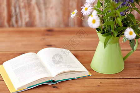 生态有机书花罐木桌上书花木桌上的水壶里背景图片