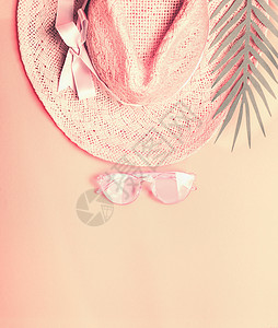 蝴蝶结草帽夏天的草帽有太阳镜棕榈叶上面的风景柔的颜色背景