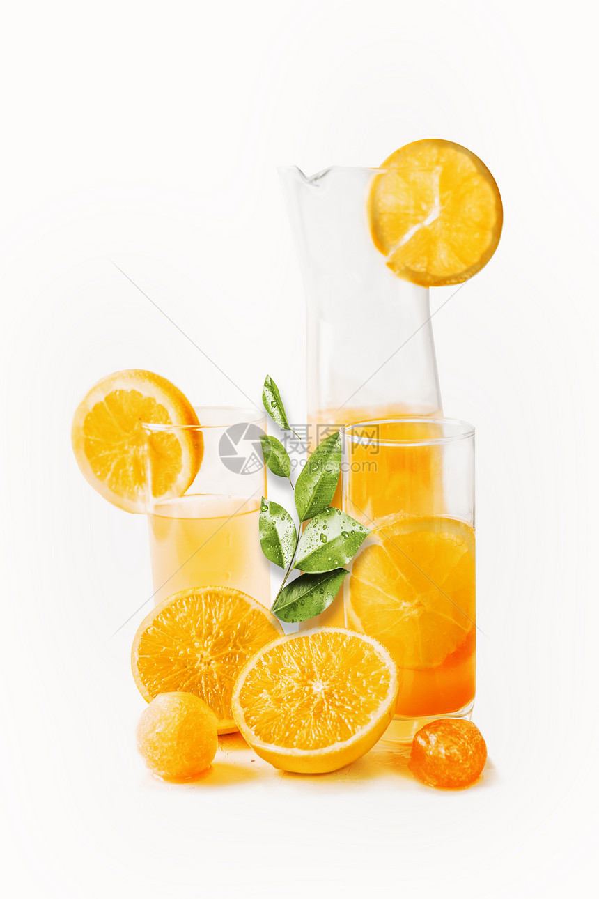橙汁眼镜水壶与切片绿叶白色背景健康饮料夏季饮料令人耳目新维生素c图片
