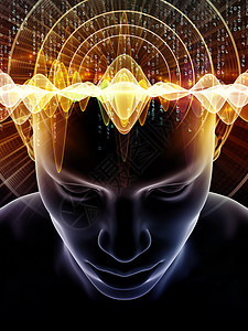 心灵波系列创造地安排人类头部技术符号的三维插图,意识大脑智力人工智能的隐喻背景图片