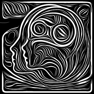 数字木刻生命线系列以人类戏剧诗歌内心符号为,由人类侧面木刻图案构成的抽象背景背景图片
