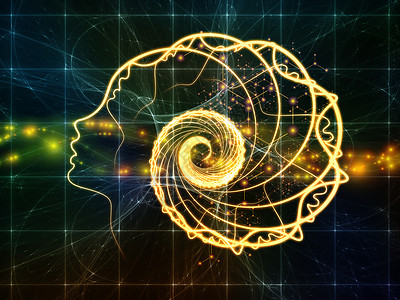 蓝色线条螺旋图你的头脑中科学系列由人的轮廓脸线抽象元素意识头脑人工智能技术上的螺旋背景