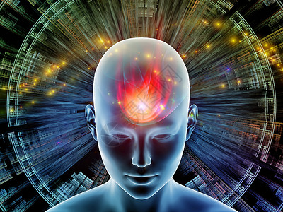 三维插图心灵光环系列思维大脑活动人工智能精神资源内心世界等上辐射抽象元素的背景下绘制人脑背景图片