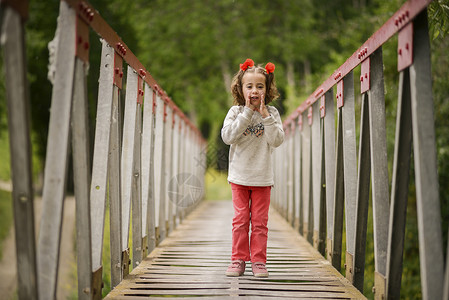 可爱的小女孩,四岁,乡村桥上玩得很开心图片