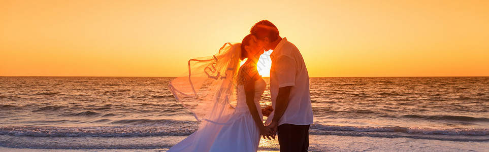 已婚夫妇,新娘新郎,日落或日出时亲吻美丽的热带海滩婚礼全景图片