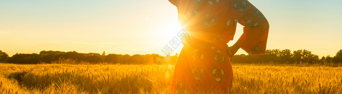 饥饿非洲猎豹全景非洲妇女穿着传统的衣服站着,看着,手着眼睛,大麦或小麦作物的田野日落或日出背景