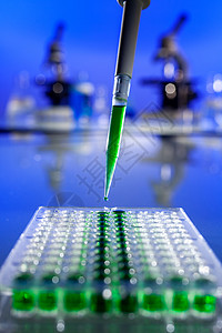 环境医学研究实验室或实验室绿色溶液的样品与吸管,96井细胞托盘显微镜图片