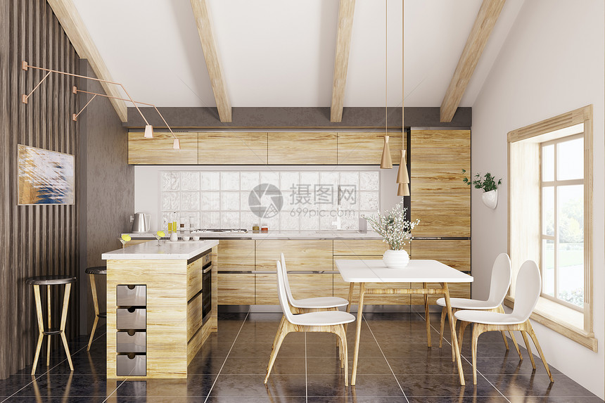 现代厨房,白色花岗岩柜台,窗户,桌椅内部三维渲染图片