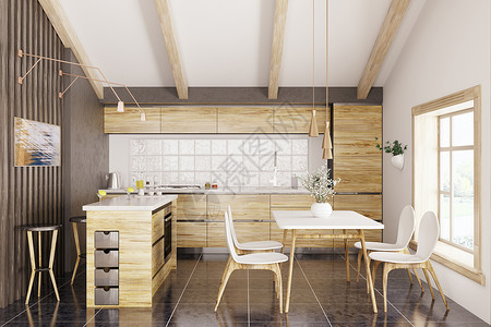 现代厨房,白色花岗岩柜台,窗户,桌椅内部三维渲染图片