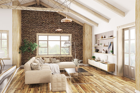 现代房子,客厅与米色沙发3D渲染图片
