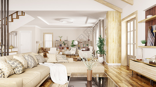 现代室内的房子,大厅,客厅与沙发扶手椅三维渲染图片