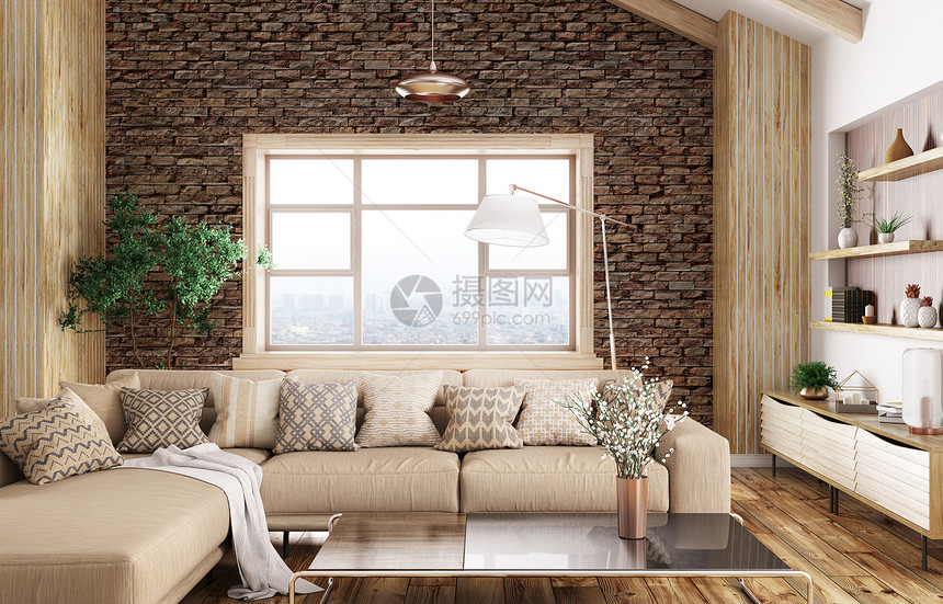 现代室内客厅与米色沙发三维渲染图片
