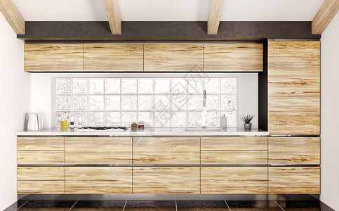 现代木制厨房与白石柜台内部三维渲染背景图片