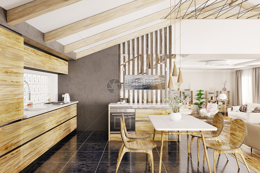 现代木制厨房室内的室内三维渲染图片