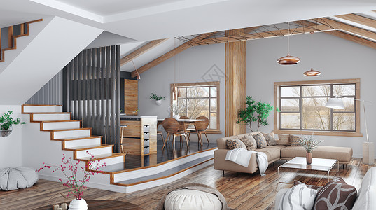 现代室内的房子,厨房,客厅与沙发,大厅,楼梯三维渲染图片