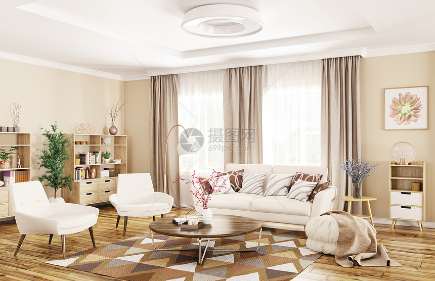 现代室内客厅与白色沙发,扶手椅茶几三维渲染图片