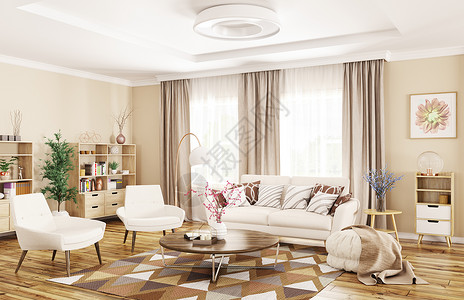 现代室内客厅与白色沙发,扶手椅茶几三维渲染图片