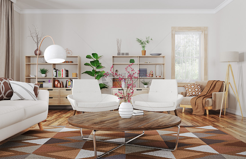 现代室内的房子,客厅与沙发扶手椅三维渲染图片