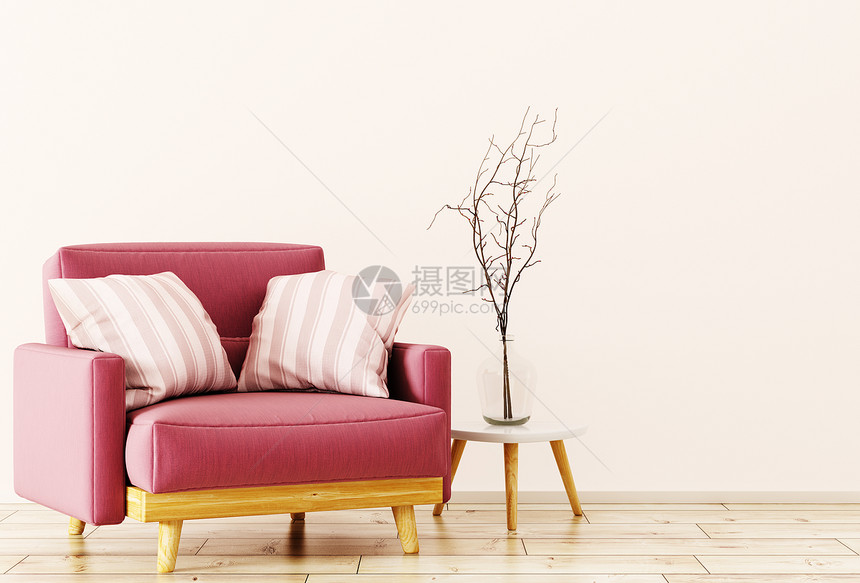 红色天鹅绒扶手椅咖啡桌与花瓶与树枝3D渲染内部与扶手椅三维渲染图片