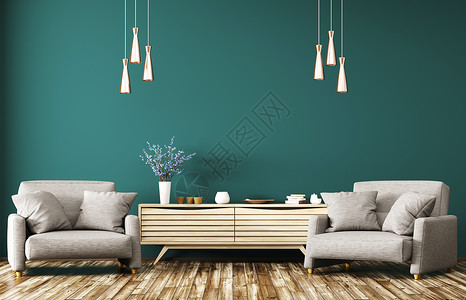 现代室内客厅与木制梳妆台两个灰色扶手椅三维渲染图片