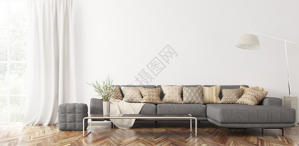 现代室内客厅灰色角落沙发,咖啡桌三维渲染图片