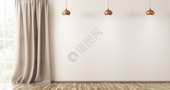 空的内部背景,带米色墙的客厅,三盏灯窗帘3D渲染的窗户背景图片