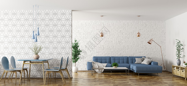 现代室内公寓,客厅与蓝色角落沙发餐厅与桌椅三维渲染图片