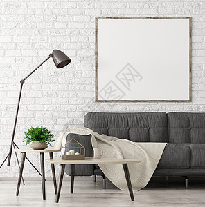 现代室内客厅与黑色沙发,木制茶几模拟海报上的砖墙三维渲染图片