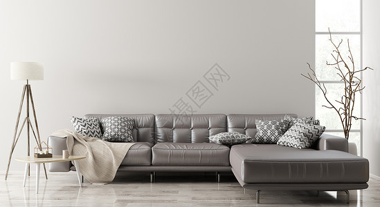 现代室内客厅与棕色皮革角落沙发,茶几,落地灯三维渲染图片