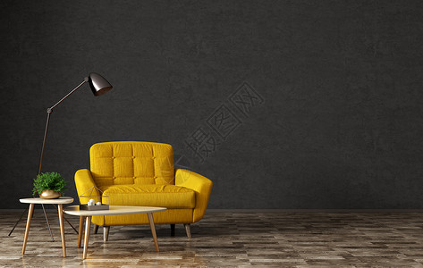 三角形黄色凳子客厅内部有木制三角形茶几,落地灯黄色扶手椅,黑色灰泥墙3D渲染背景
