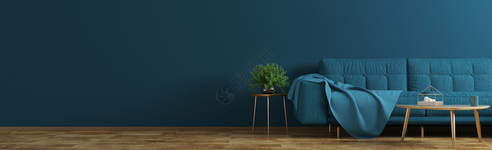 客厅内部蓝色沙发,木制茶几,花瓶,全景三维渲染图片