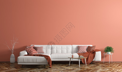 现代客厅的内部与白色织物沙发,茶几植物珊瑚三维渲染图片