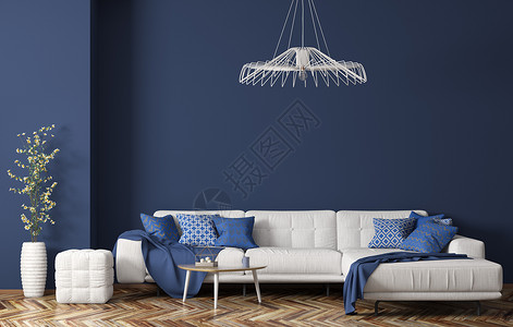 现代客厅内部白色织物沙发,茶几植物蓝色墙壁上三维渲染图片