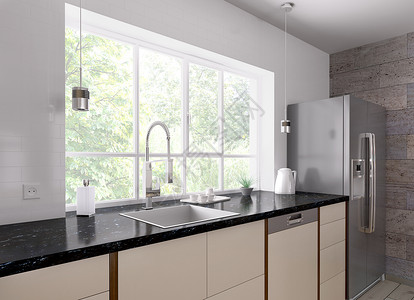 现代厨房内部黑色花岗岩柜台,冰箱3D渲染高清图片