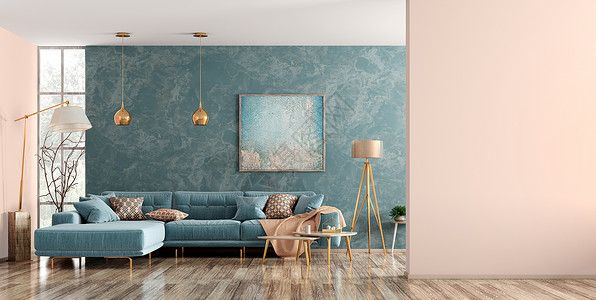 现代客厅内部有蓝色角落沙发,茶几,落地灯,墙壁与三维渲染图片