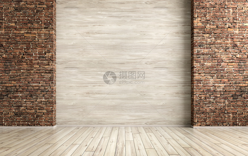 空的内部格栅背景,房间与砖木墙三维渲染图片