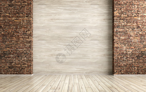 空的内部格栅背景,房间与砖木墙三维渲染背景图片