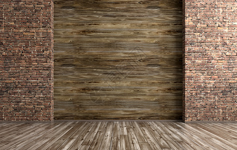 空的内部格栅背景,房间与砖木墙三维渲染背景图片