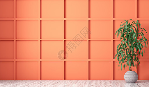空的内部背景,房间与橙色镶板墙,花瓶与植物白色木地板上三维渲染图片