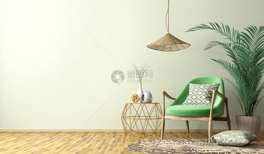 客厅内部有金色茶几,绿色扶手椅,家庭三维渲染图片
