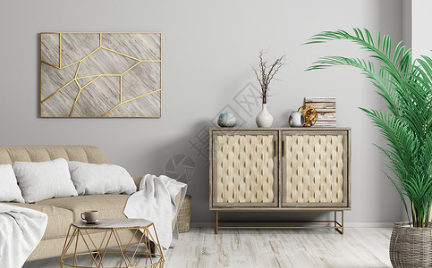 现代室内客厅与沙发橱柜,家庭三维渲染图片