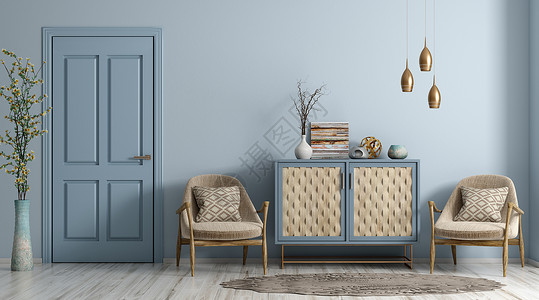 蓝色房间现代室内客厅与门,扶手椅梳妆台3D渲染背景