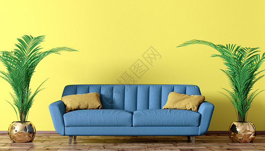 现代室内客厅与蓝色沙发两个手掌以上的黄色墙壁三维渲染图片